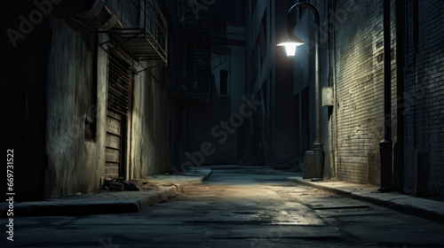 An eerie, dark alleyway with a single lamp and a strange, eerie feeling in the air