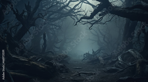 An eerie, dark forest with twisted branches and a strange mist in the air