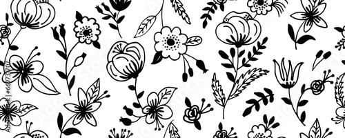 Spring flowers hand drawn vector seamless pattern. Black brush flower silhouettes. Roses, peonies and tulips black silhouettes. Floral drawings with texture. Summer botanical background