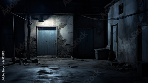 An eerie  dark alleyway with a single lamp and a strange door at the end