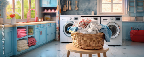 laundry clothes pile in a wicker basket at bathroom or utility counter next to washing machine for washing service and housework schedule as wide banner design with copy space photo