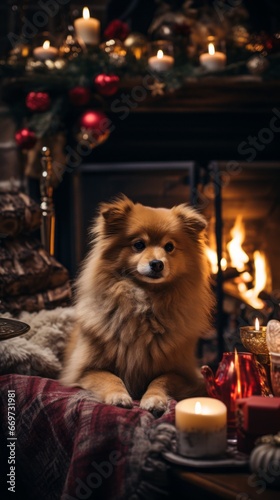 dog with christmas tree and decorations, cozy dark room with bricht lights for better Christmas spirit, generative ai