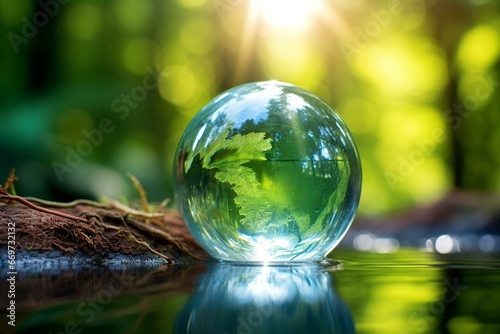 Crystal ball with pure water signifies eco-friendly awareness and conservation. Keywords: crystal, clean, water, environment, planet, world, ecological, concept, ball, awareness,. Generative AI