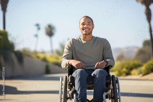 A smiling young man, dressed in a casual gray long-sleeved shirt and blue pants, sits confidently in his wheelchair © carles