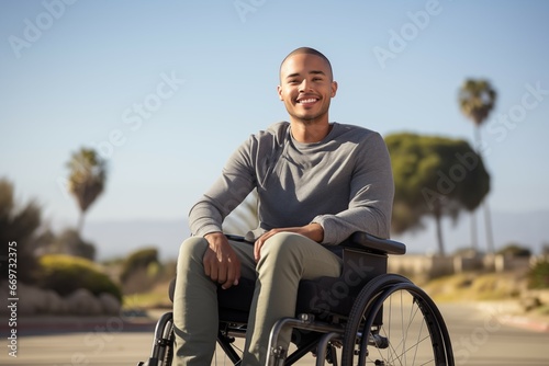 A cheerful young man in a wheelchair, dressed in a gray long-sleeved shirt and olive green pants, enjoys a sunny day outdoors. In the background, palm trees and the blue sky create a serene backdrop.