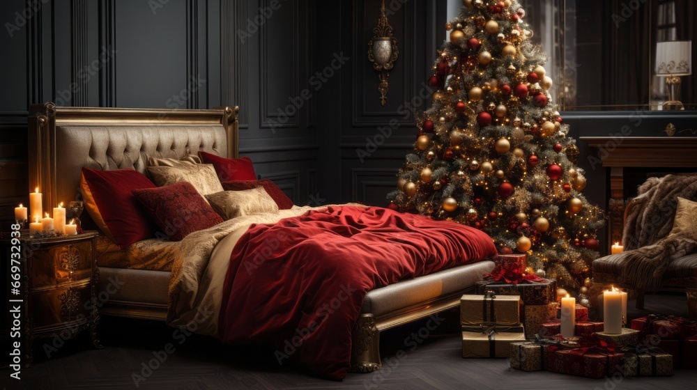 christmas decorationaround bed, schristmas spirit in bedroom, generative ai
