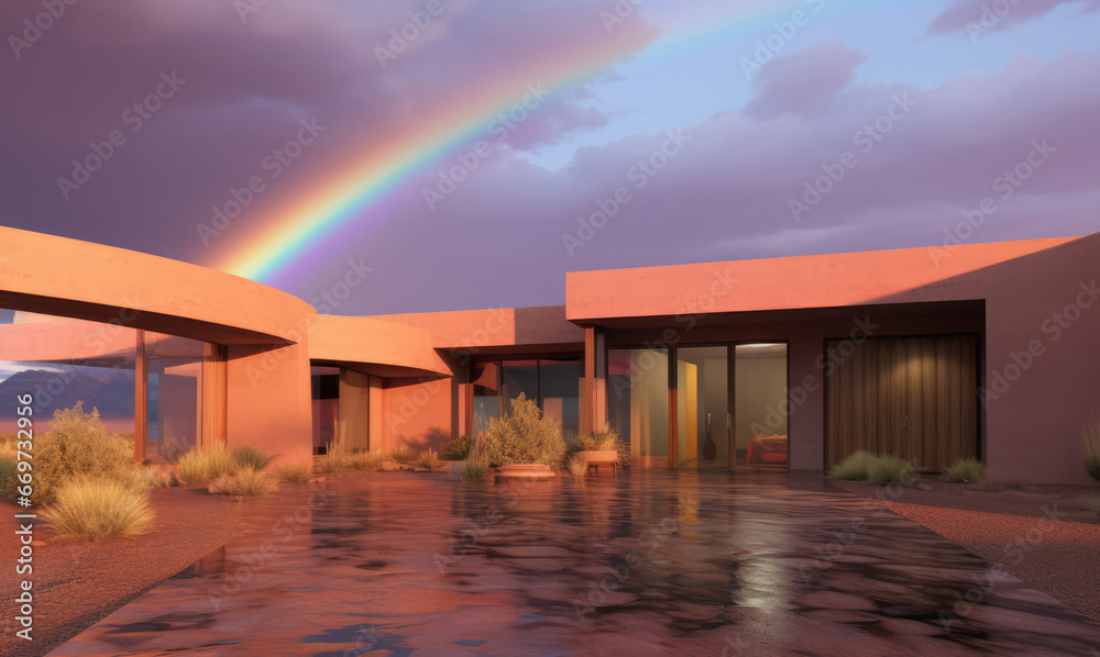 Modern adobe home in the desert after a storm with a rainbow - obrazy, fototapety, plakaty 