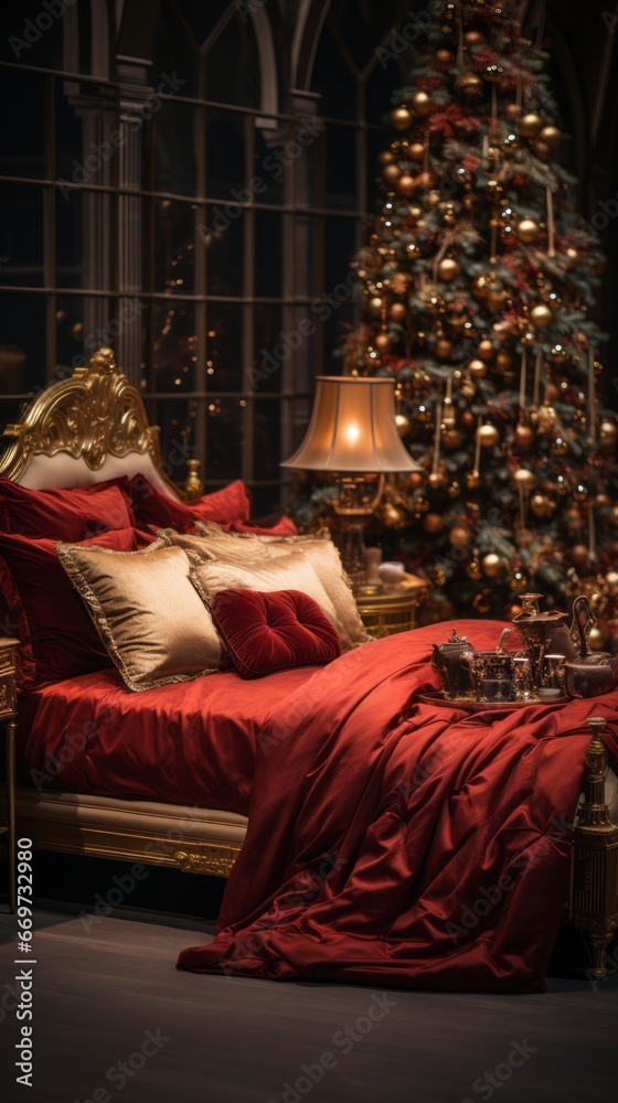 christmas decorationaround bed, schristmas spirit in bedroom, generative ai
