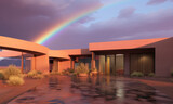 Modern adobe home in the desert after a storm with a rainbow
