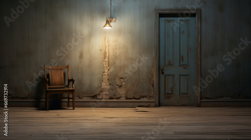 An eerie, abandoned hallway with a single chair in the corner and a mysterious door