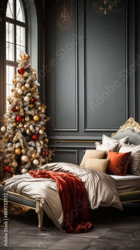 christmas decorationaround bed, schristmas spirit in bedroom, generative ai photo