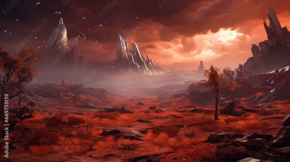 Fototapeta premium Analyze the impact of player interaction, such as weather changes or environmental destruction, on the visual beauty landscapes game art