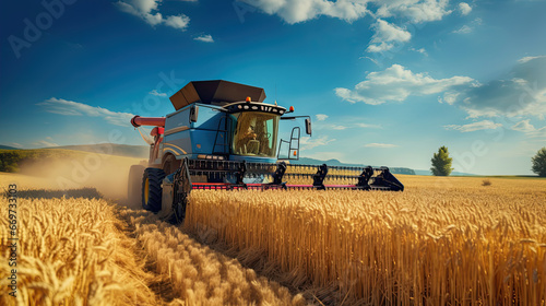 Efficient Crop Harvest: Tractor Combine Harvester in Cereal Agriculture Field.