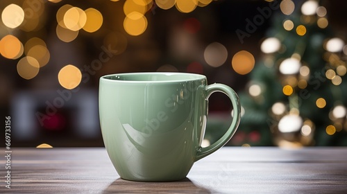 cup of coffee with christmas lights  ceramic mug with christmas decoration  generative ai