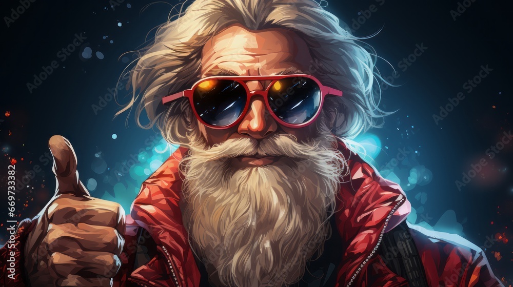 portrait of a person with a glass and beard, Santa Claus in cartoon rapper style, generative ai