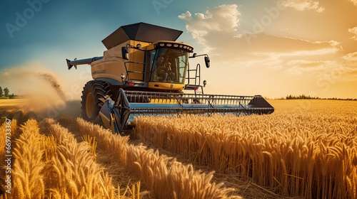 Efficient Crop Harvest: Tractor Combine Harvester in Cereal Agriculture Field.