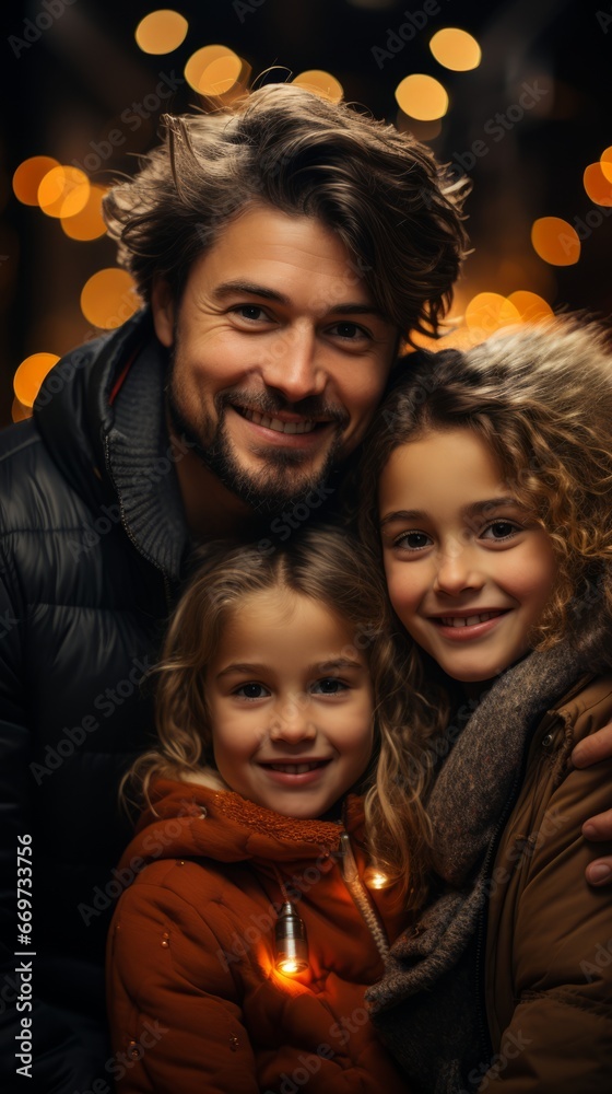 portrait of a family at night, family with kids near christmass tree, generative ai
