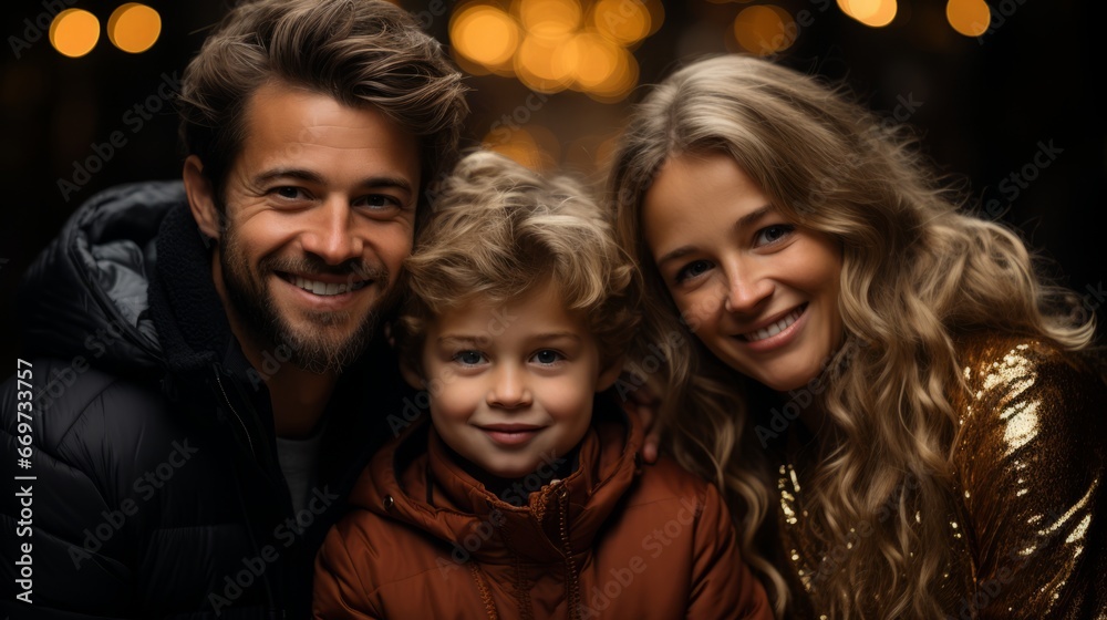 portrait of a family at night, family with kids near christmass tree, generative ai