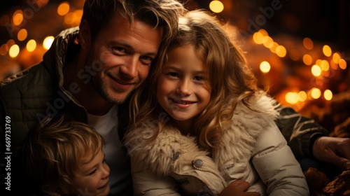 portrait of a family at night, family with kids near christmass tree, generative ai