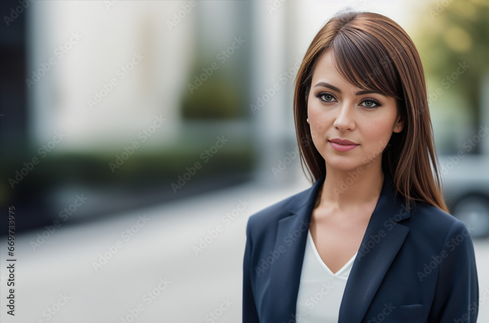 Business woman with copy space, in blurred office area background Business woman with copy space, in blurred office area background
