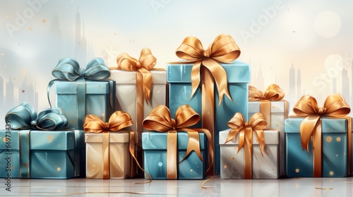 christmas gift boxes, pastel colors chriistmas boxes, christmas boxes made from watercolor, generative ai