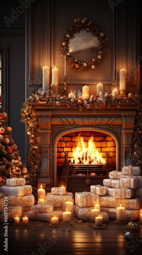 fireplace with christmas decorations, christmas time in family room with decorations, fireplace and christmas tree, generative ai © TheGoldTiger