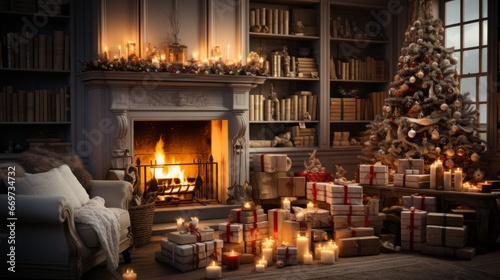 fireplace with christmas decorations  christmas time in family room with decorations  fireplace and christmas tree  generative ai