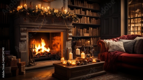 fireplace with christmas decorations, christmas time in family room with decorations, fireplace and christmas tree, generative ai
