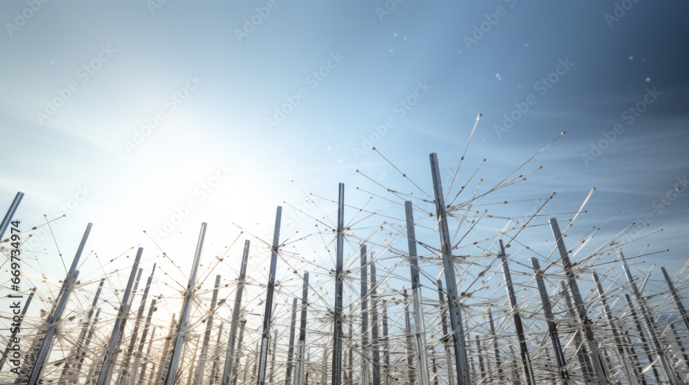 An array of antennas protrudes from the roof, their metal rods reaching out into the sky An array of antennas protrudes from the roof, their metal rods reaching out into the sky
