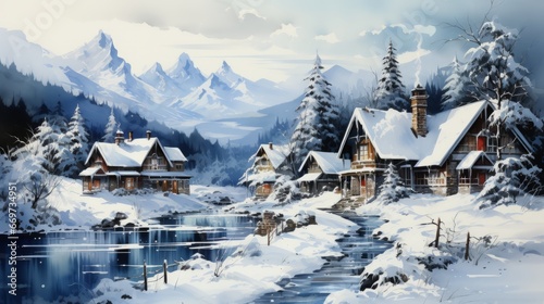 small village in the mountains, christmas village on a snowy winter during Christmas, generative ai