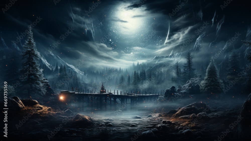 Naklejka premium christmas tree in the night, majestatic christmas landscape with tree, generative ai