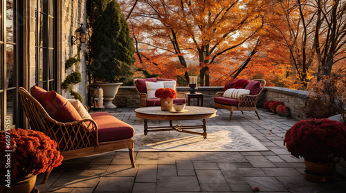 A backyard patio with elegant outdoor furniture , autumn home decor