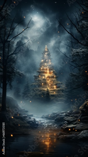 christmas tree in the night, majestatic christmas landscape with tree, generative ai