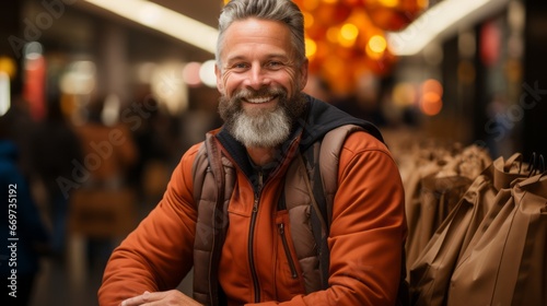 person in the street, middle aged man with christmas decorated room behind him, generative ai