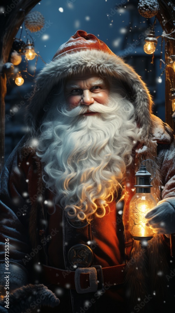 santa claus on the roof, santa claus in snowy winter with warm light, generative ai