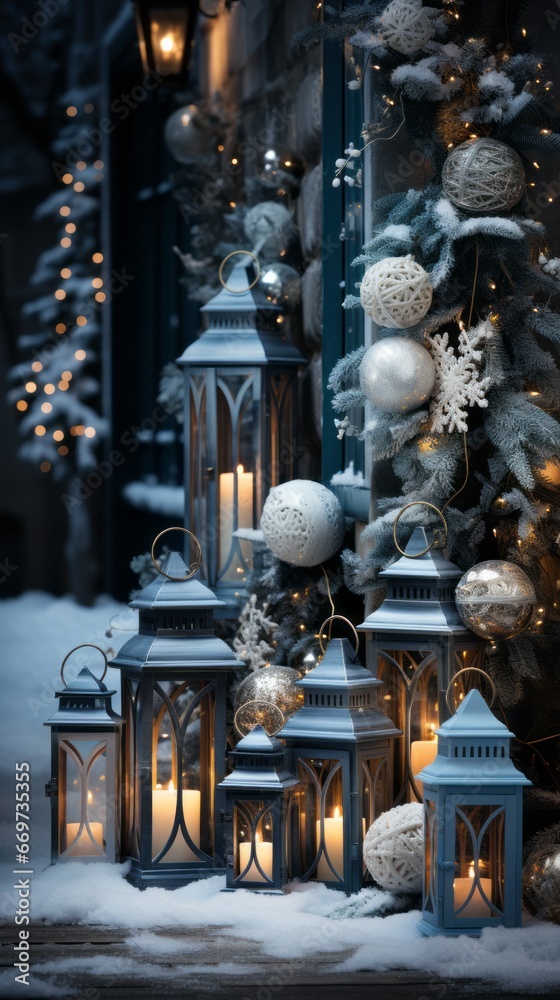Fototapeta premium Outdoor christmass backdrop with snowman, generative ai
