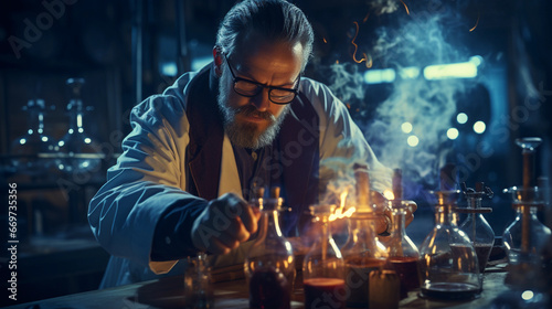 A focused scientist in a laboratory  wearing a lab coat and conducting experiments with scientific equipment