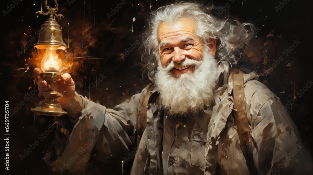 santa claus with christmas tree,santa claus holding a bell in a Christmas, generative ai