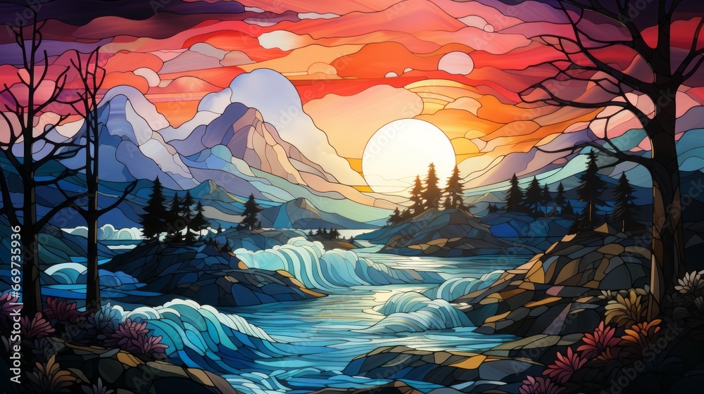Fototapeta premium sunset in the mountains, simple stained glass window with landscape, generative ai