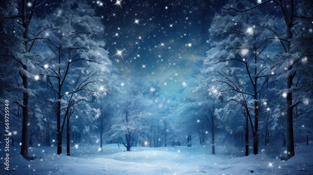 Night dark Forest winter landscape with fir trees on starry sky background. Moody botanical atmosphere illustration. Dreamy wallpaper for Christmas or New Year greetings. Night dark Forest winter landscape with fir trees on starry sky background. Moody botanical atmosphere illustration. Dreamy wallpaper for Christmas or New Year greetings.