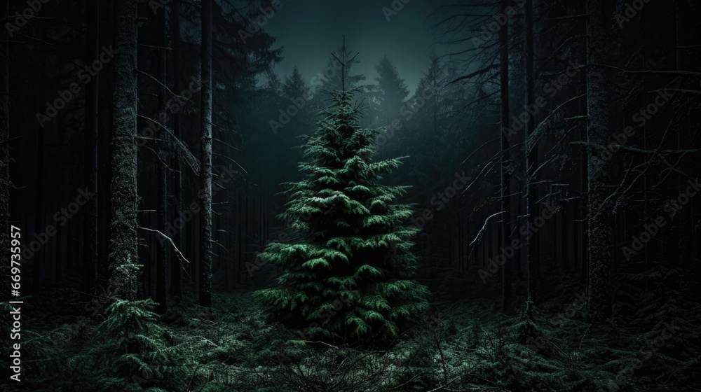 Obraz premium Night dark Forest winter landscape with fir trees on starry sky background. Moody botanical atmosphere illustration. Dreamy wallpaper for Christmas or New Year greetings.