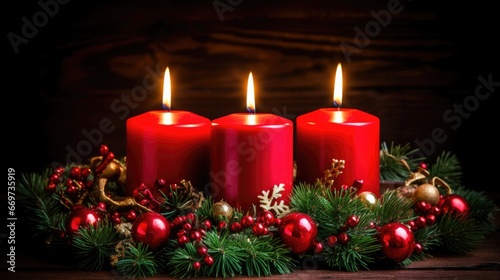 Christmas glowing burning candles, lights and holiday decorations Advent Background. Christmas Decoration With Ornament. Festive mood. Cozy, magical home atmosphere..
