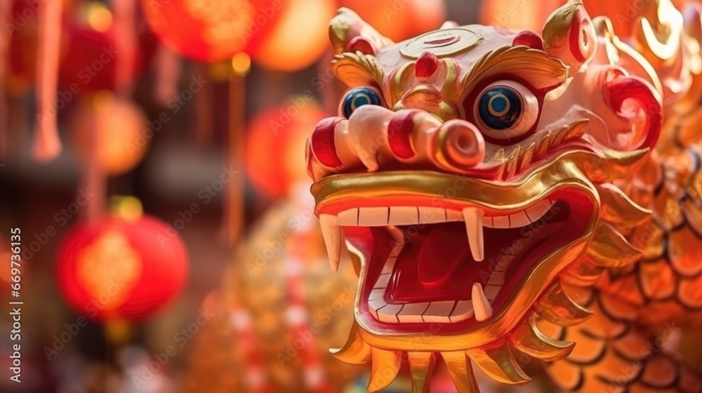 Close up of Chinese Dragon Head performing its traditional dragon dance festival. Chinese New Year celebration 2024..