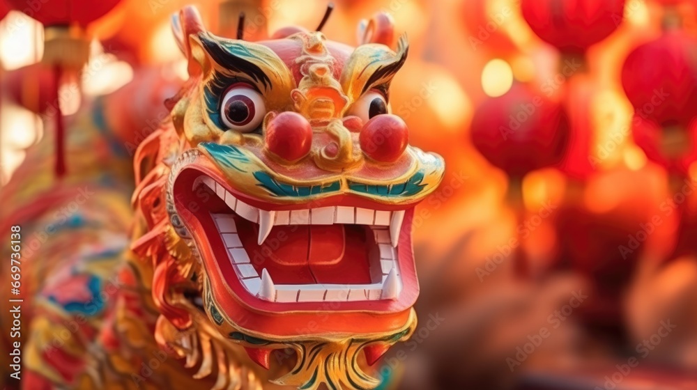 Fototapeta premium Close up of Chinese Dragon Head performing its traditional dragon dance festival. Chinese New Year celebration 2024..