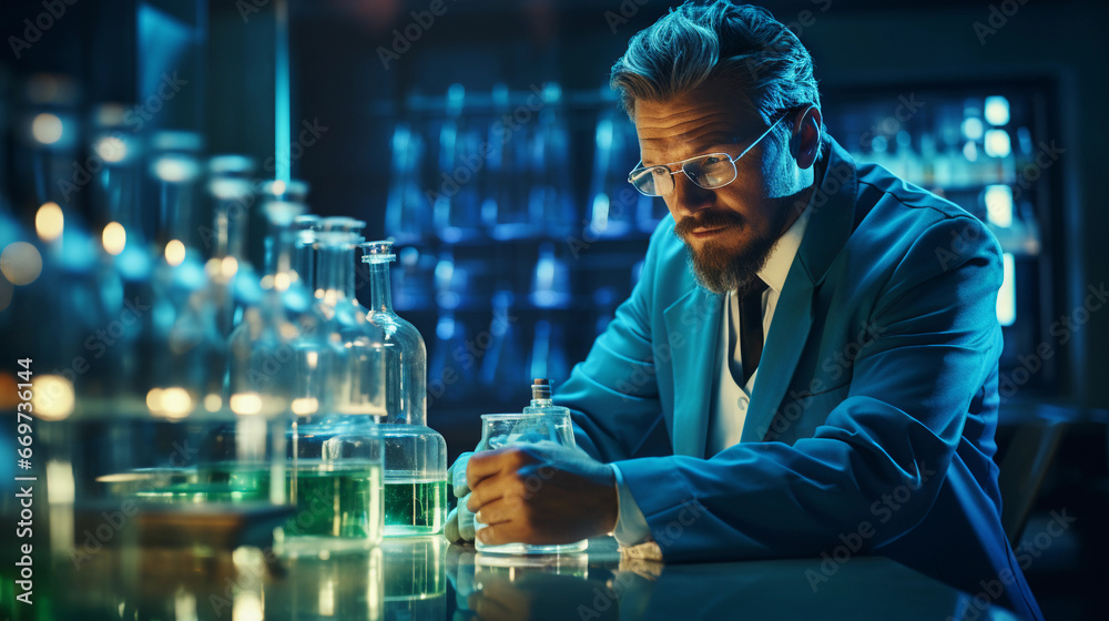 A focused scientist in a laboratory, wearing a lab coat and conducting experiments with scientific equipment A focused scientist in a laboratory, wearing a lab coat and conducting experiments with scientific equipment