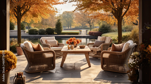 A backyard patio with elegant outdoor furniture , autumn home decor photo