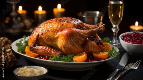 roasted chicken with vegetables, turkey on the christmas table, generative ai