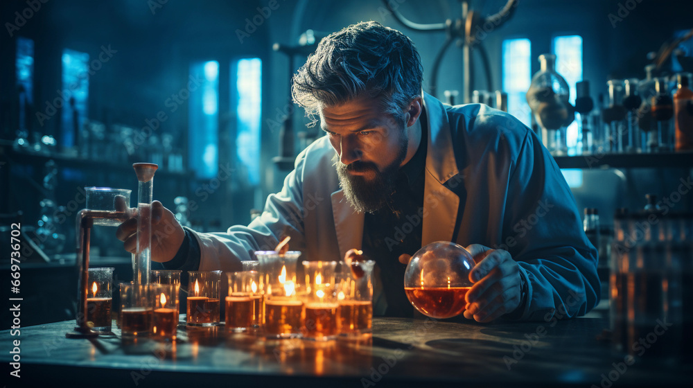 A focused scientist in a laboratory, wearing a lab coat and conducting experiments with scientific equipment A focused scientist in a laboratory, wearing a lab coat and conducting experiments with scientific equipment
