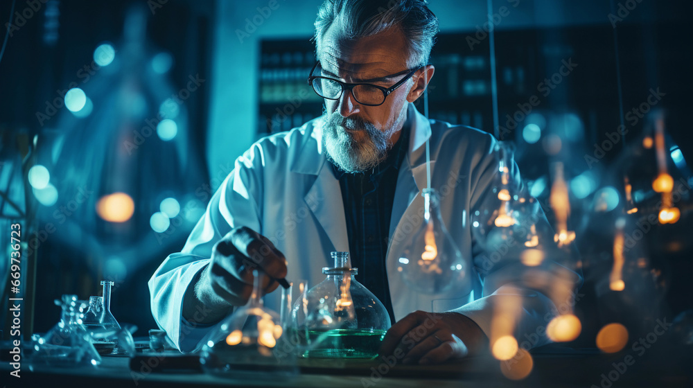 Fototapeta premium A focused scientist in a laboratory, wearing a lab coat and conducting experiments with scientific equipment