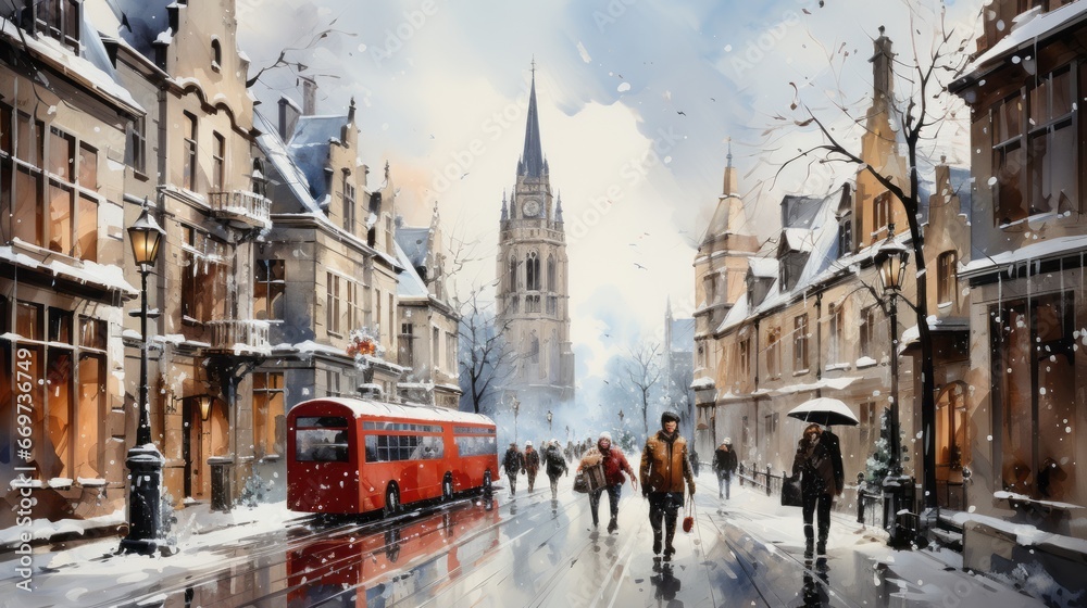 Obraz premium winter in the city, watercolor image of a snowy Christmas town, generative ai